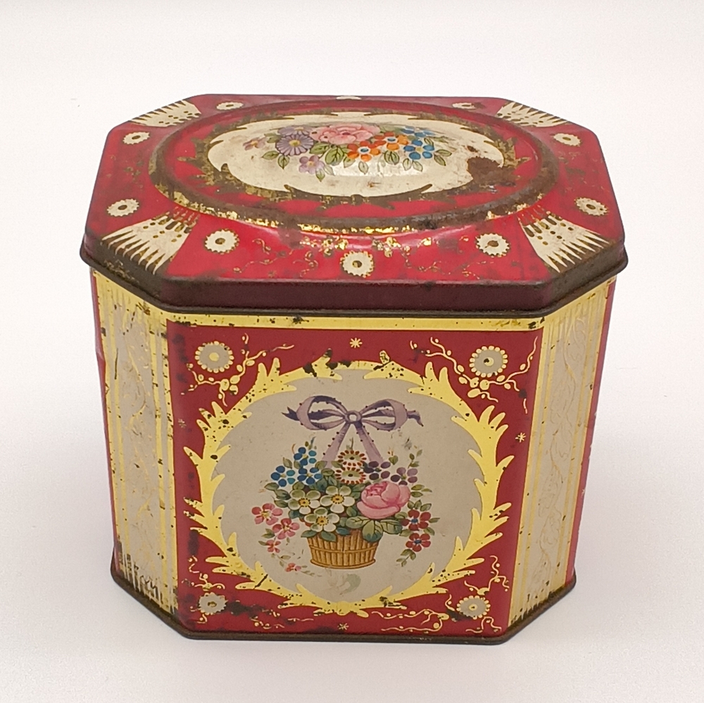 Vintage Gray Dunn Octagonal Floral Biscuit Tin, 1950s/60s Scotland
